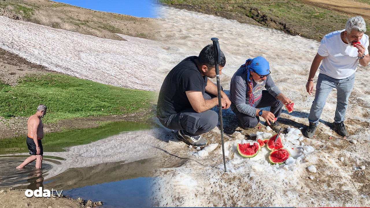 Ağustos sıcağında buzul göletinde kar: Karpuzu kara gömdüler